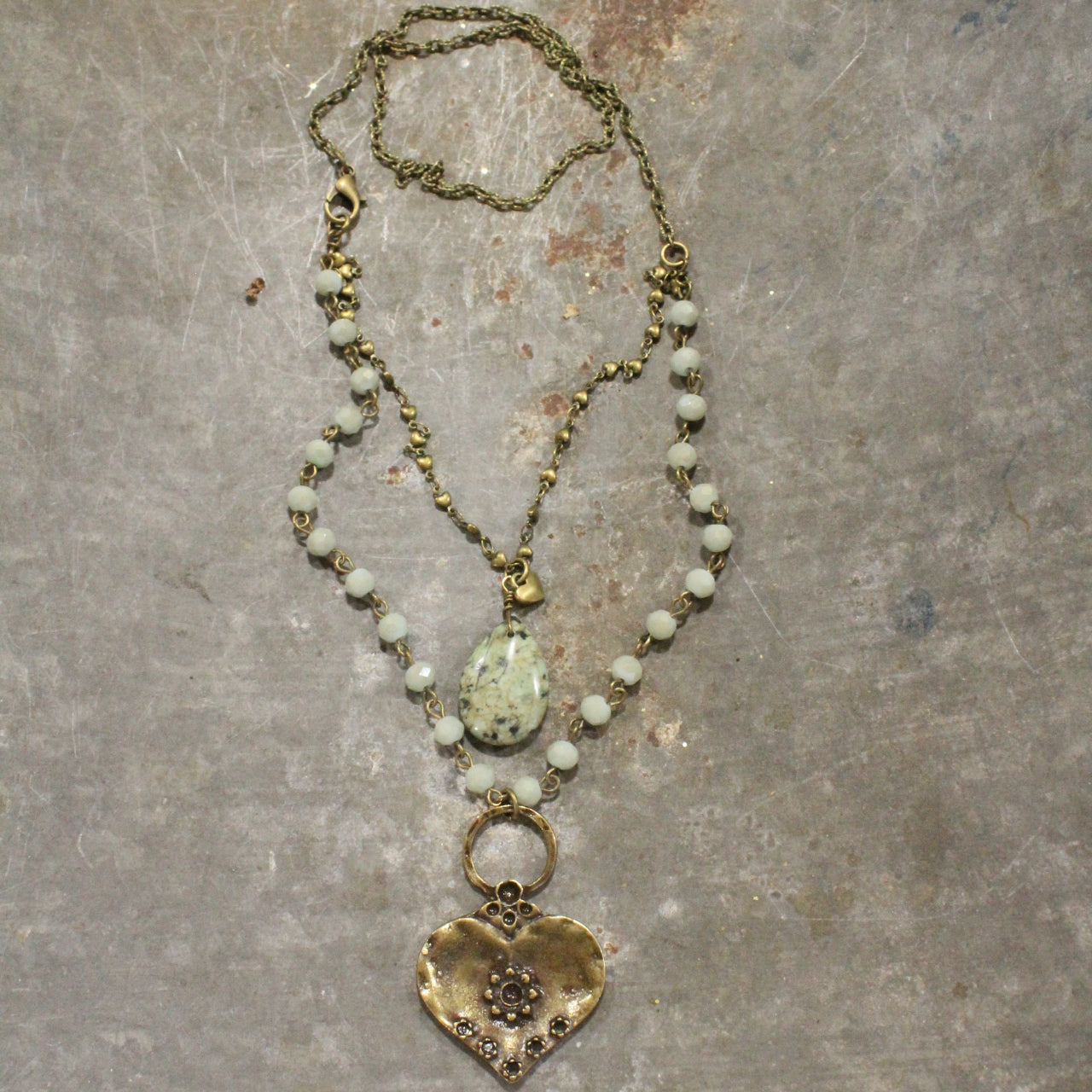 Double Layered Stone & Bronze Heart Drop Necklace