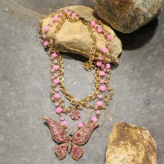 Just Dance Pink Butterfly Layered Necklace