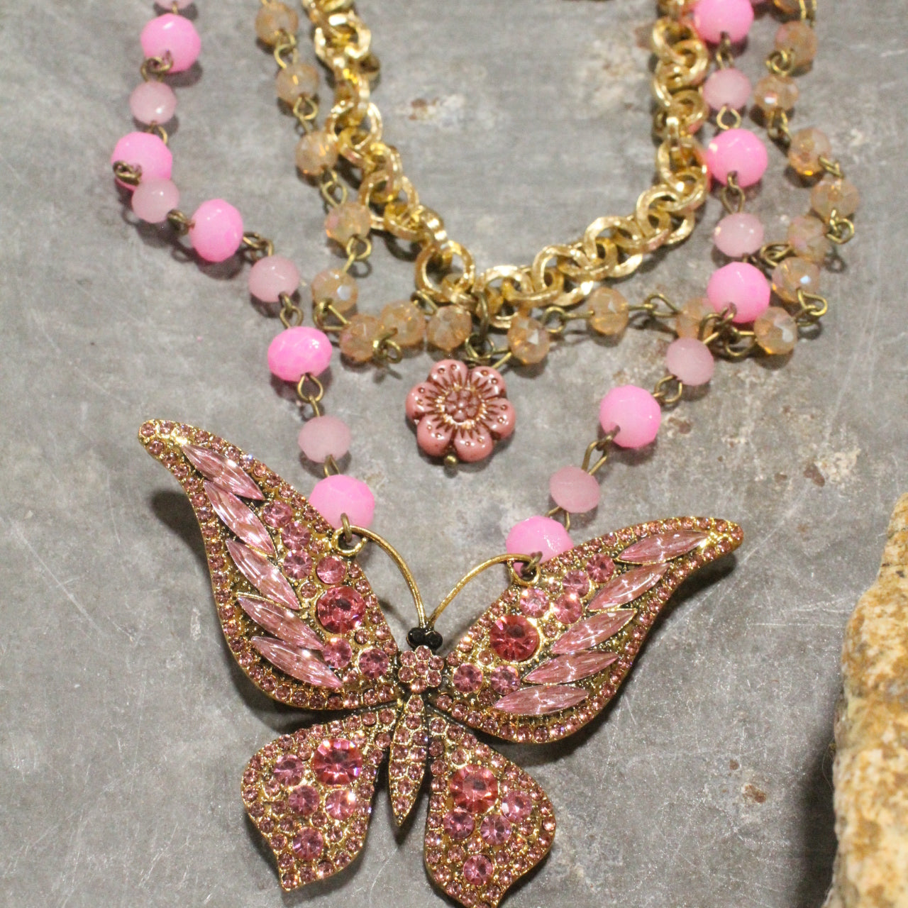 Just Dance Pink Butterfly Layered Necklace
