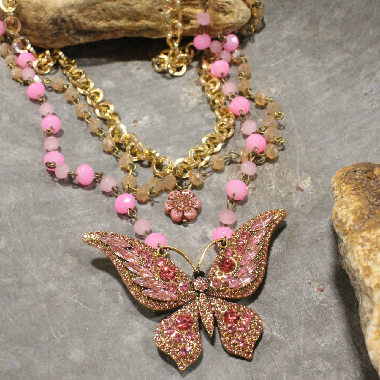 Just Dance Pink Butterfly Layered Necklace