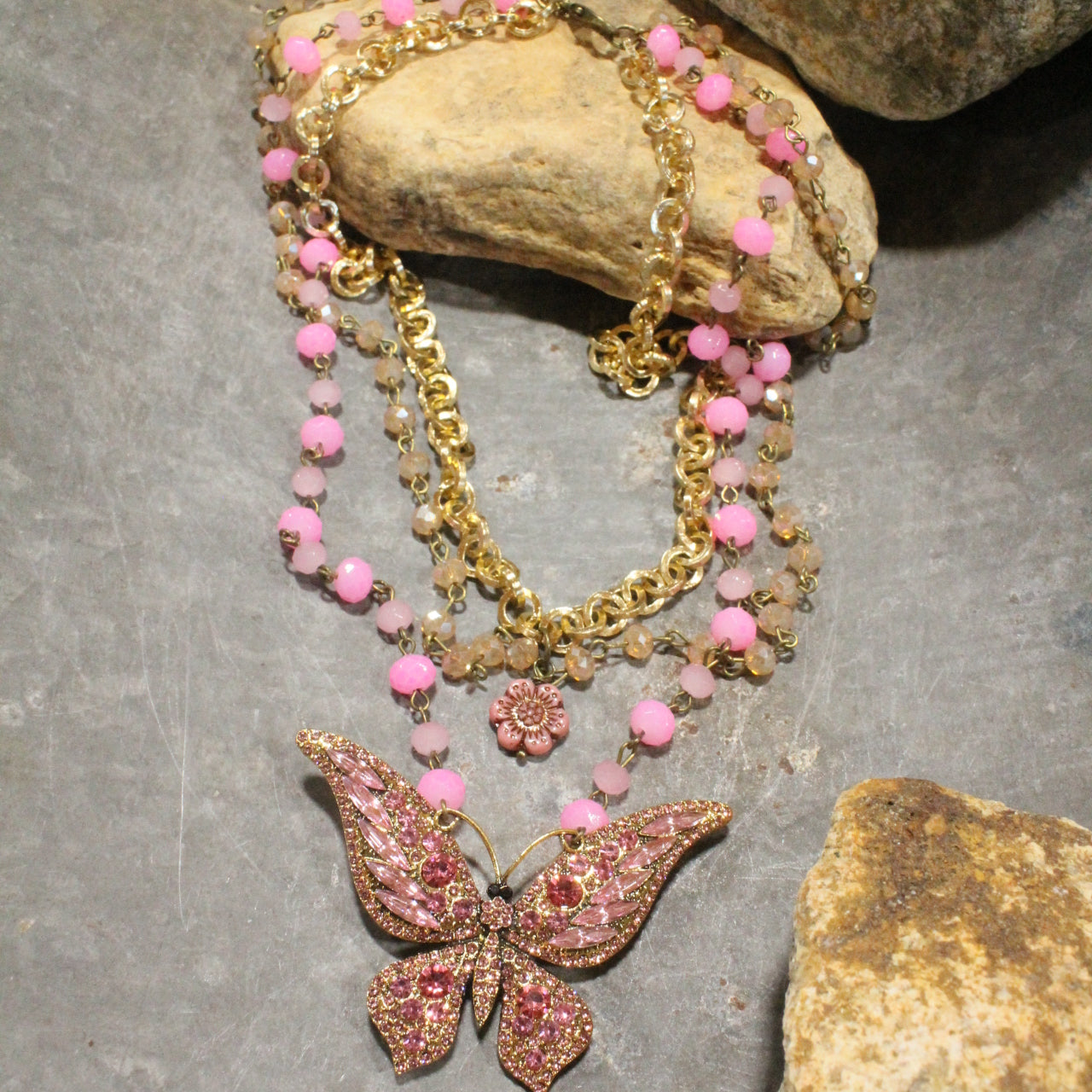 Just Dance Pink Butterfly Layered Necklace