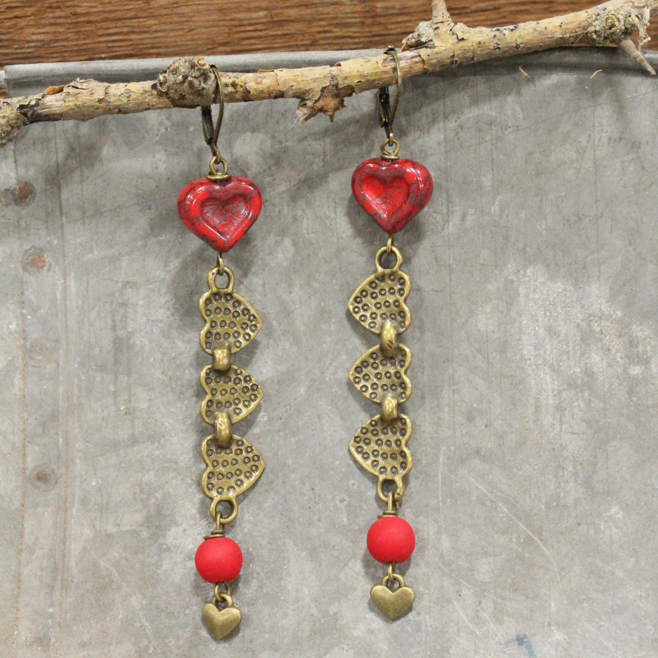 Dropping Hearts & Vintage Red Czech Earrings