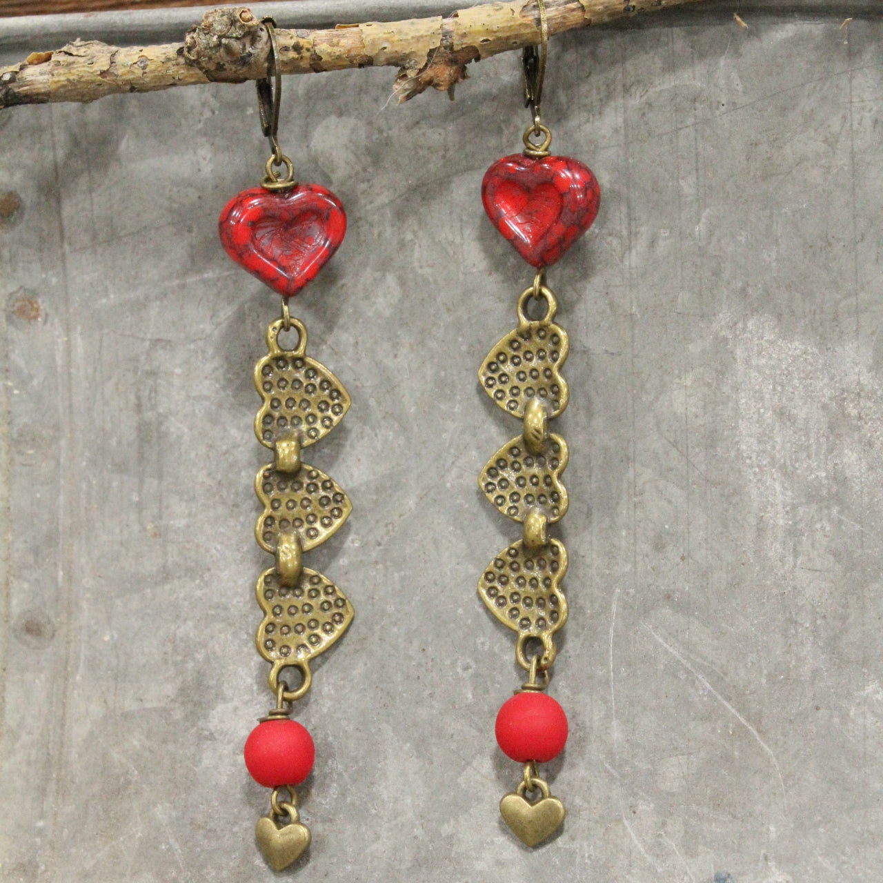 Dropping Hearts & Vintage Red Czech Earrings