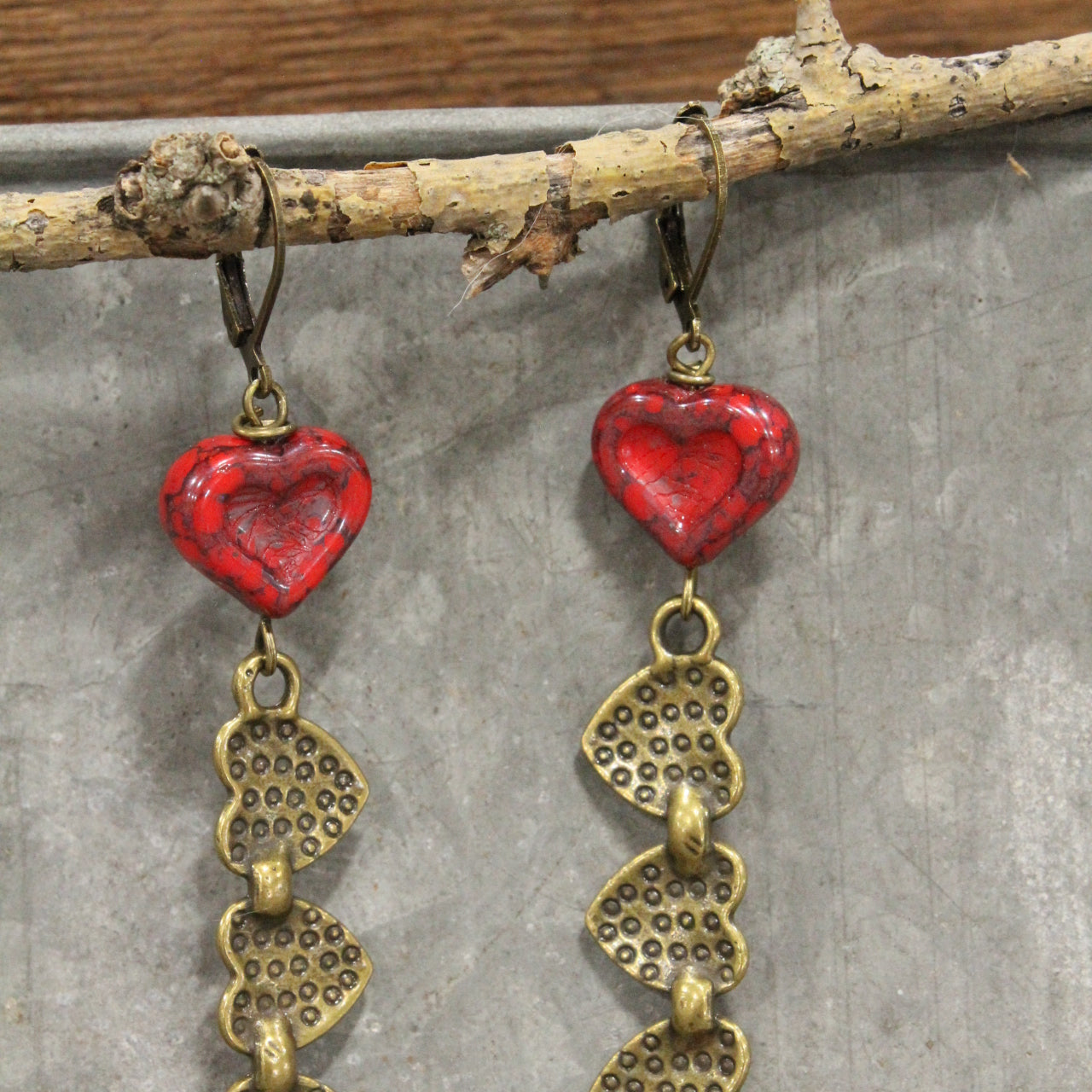 Dropping Hearts & Vintage Red Czech Earrings