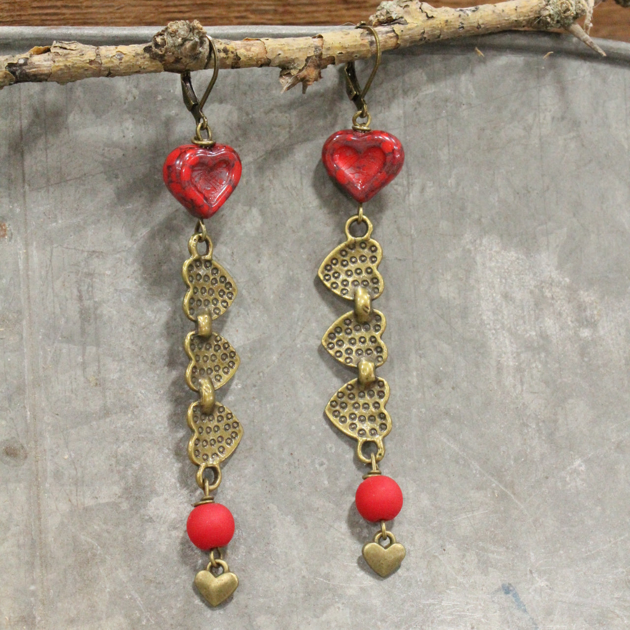 Dropping Hearts & Vintage Red Czech Earrings