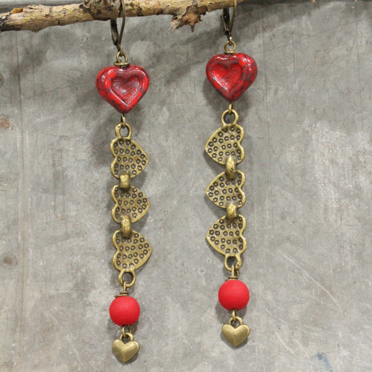 Dropping Hearts & Vintage Red Czech Earrings