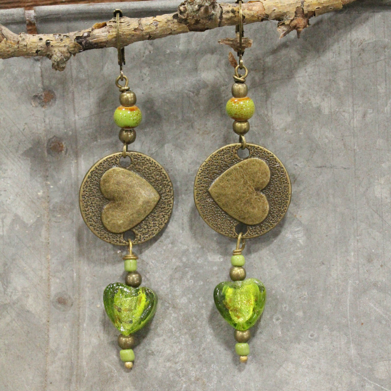 Dropping Hearts & Vintage Green Glass Earrings