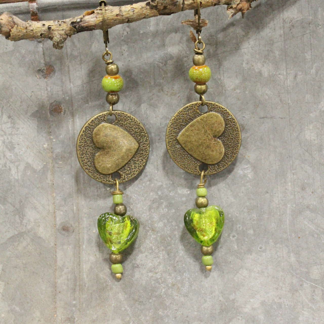 Dropping Hearts & Vintage Green Glass Earrings