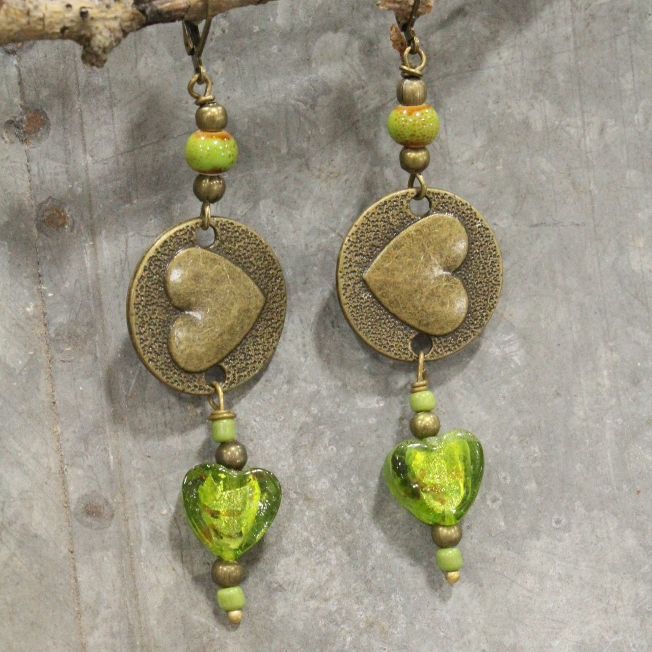 Dropping Hearts & Vintage Green Glass Earrings