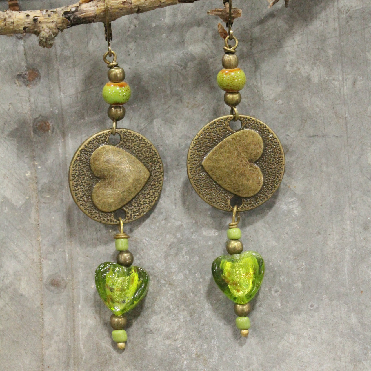 Dropping Hearts & Vintage Green Glass Earrings