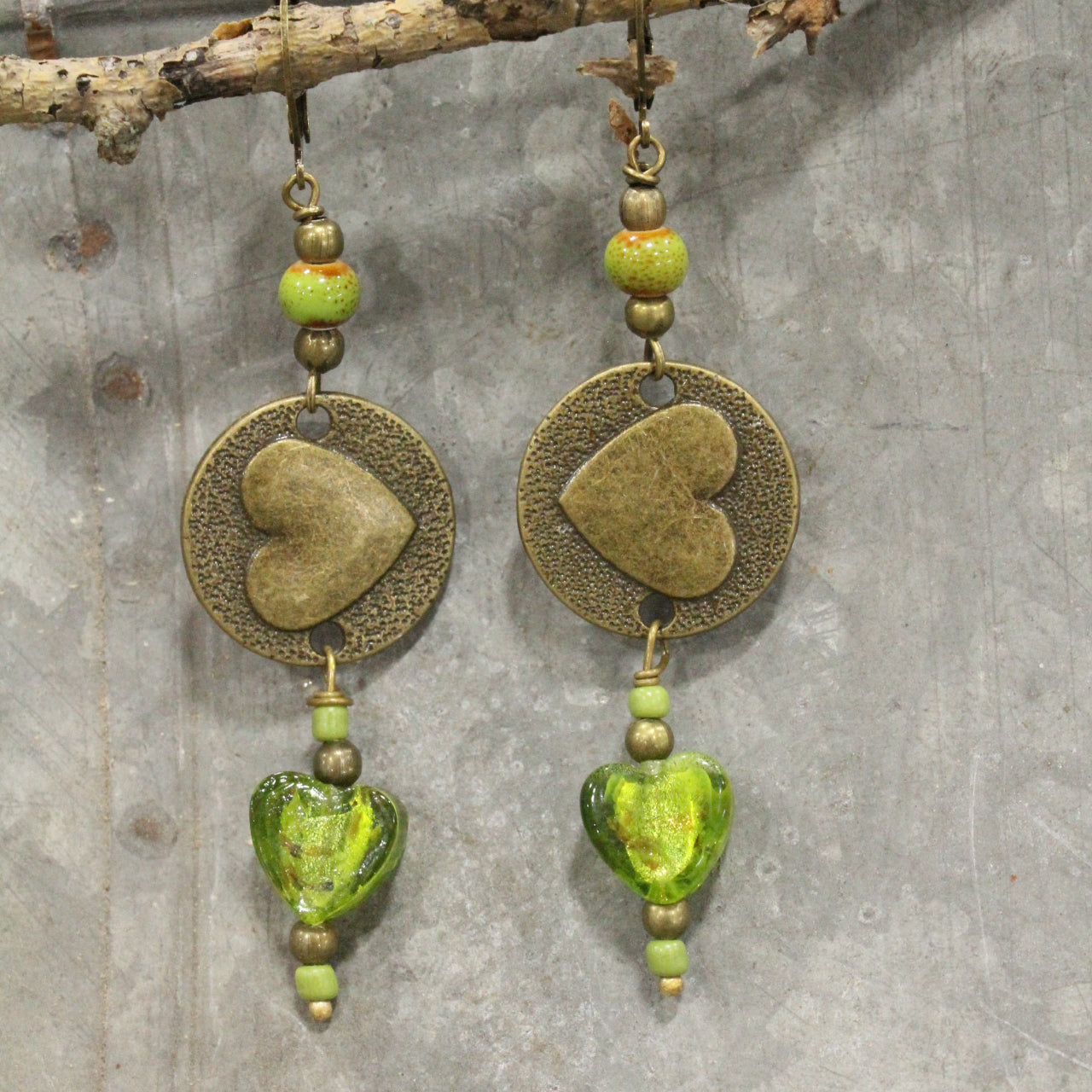 Dropping Hearts & Vintage Green Glass Earrings