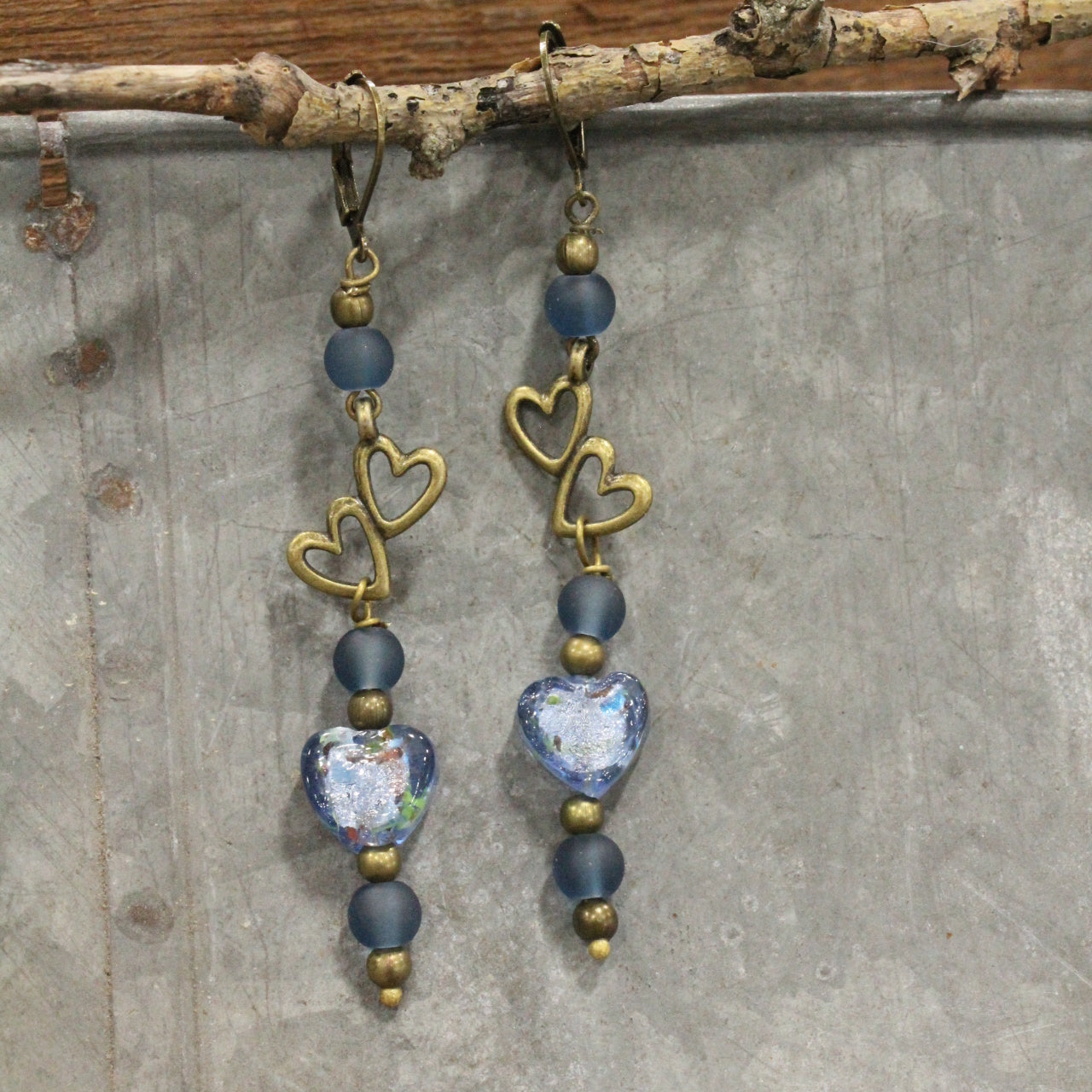 Dropping Hearts & Vintage Periwinkle Blue Glass Earrings