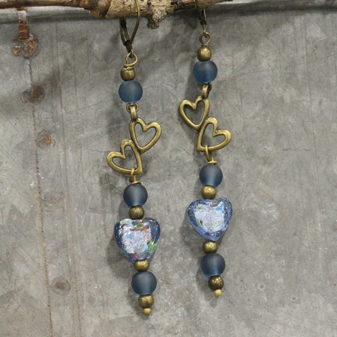 Dropping Hearts & Vintage Periwinkle Blue Glass Earrings