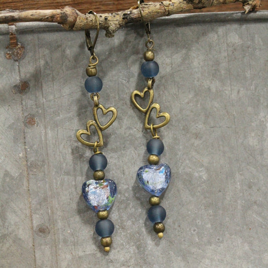 Dropping Hearts & Vintage Periwinkle Blue Glass Earrings