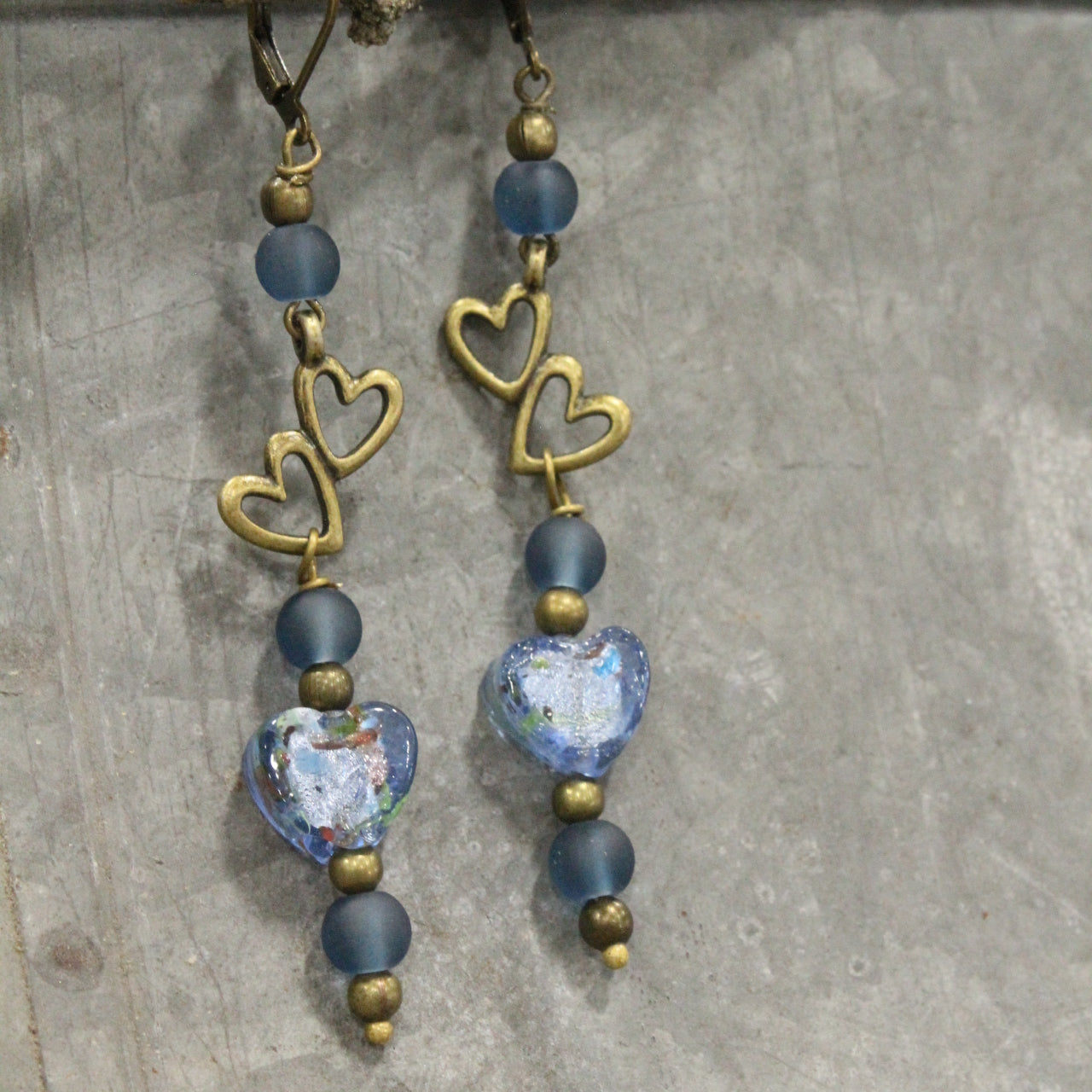 Dropping Hearts & Vintage Periwinkle Blue Glass Earrings