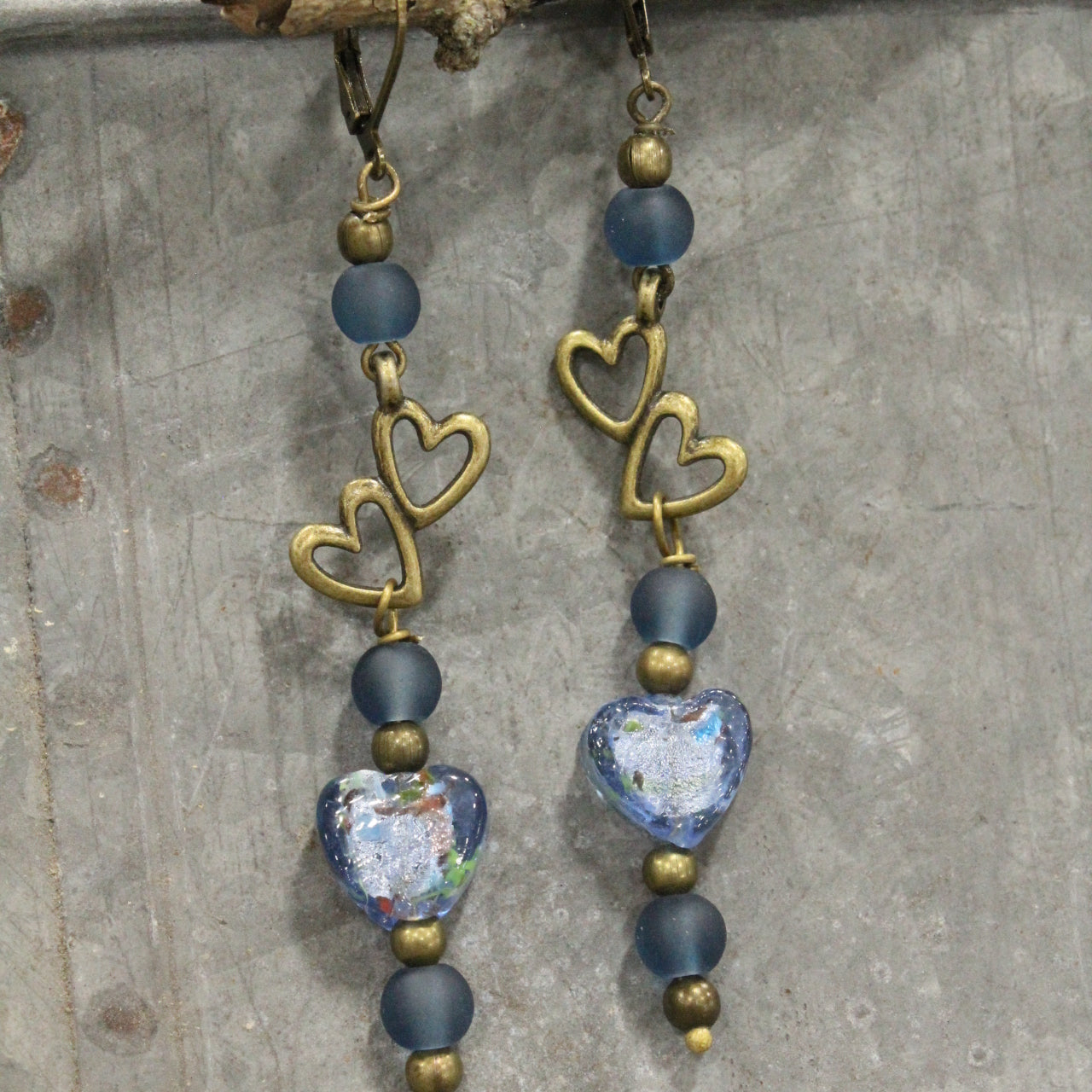 Dropping Hearts & Vintage Periwinkle Blue Glass Earrings