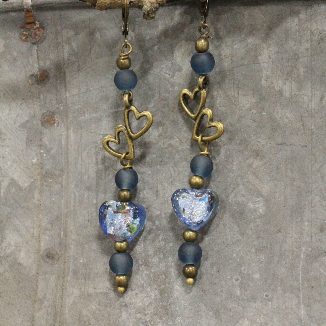 Dropping Hearts & Vintage Periwinkle Blue Glass Earrings