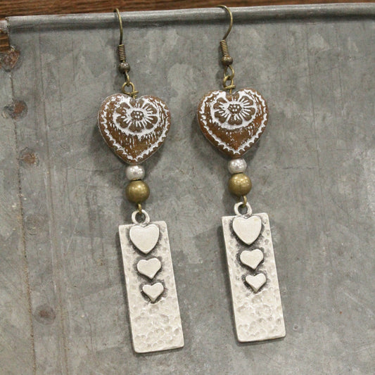 Nickel Metals & Vintage Chocolate Czech Heart Earrings