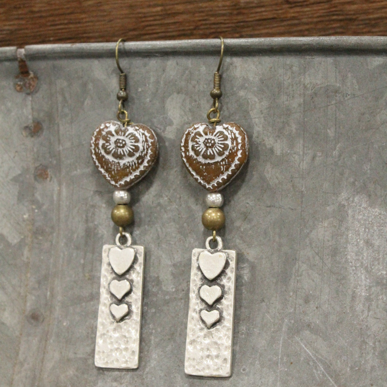 Nickel Metals & Vintage Chocolate Czech Heart Earrings