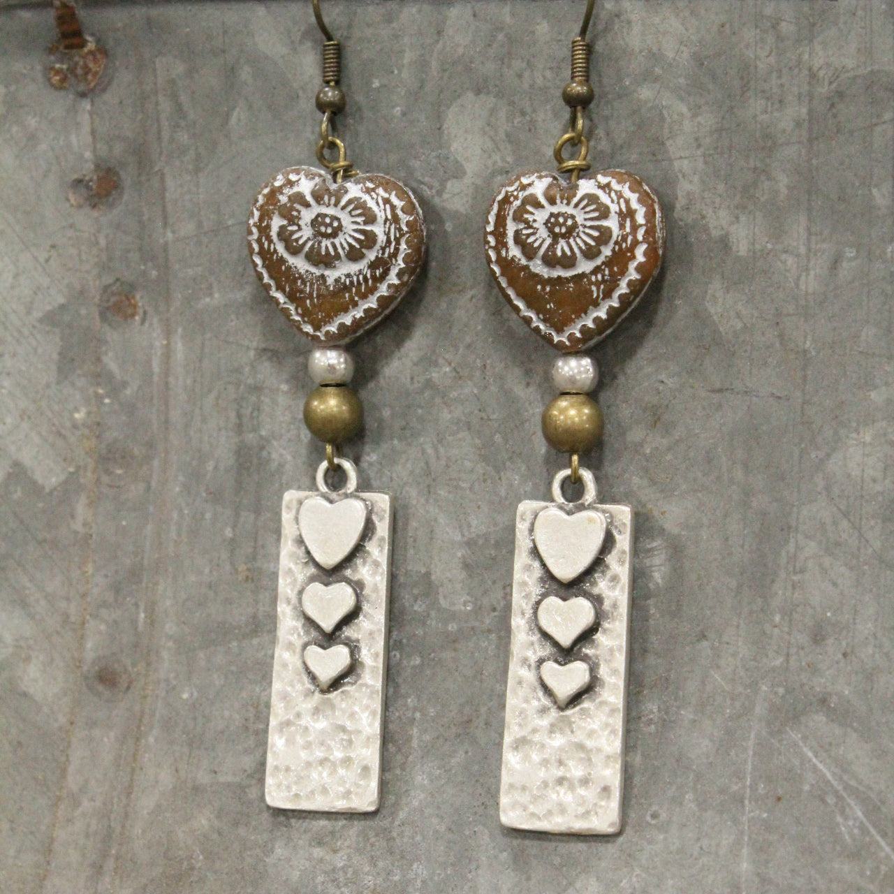 Nickel Metals & Vintage Chocolate Czech Heart Earrings