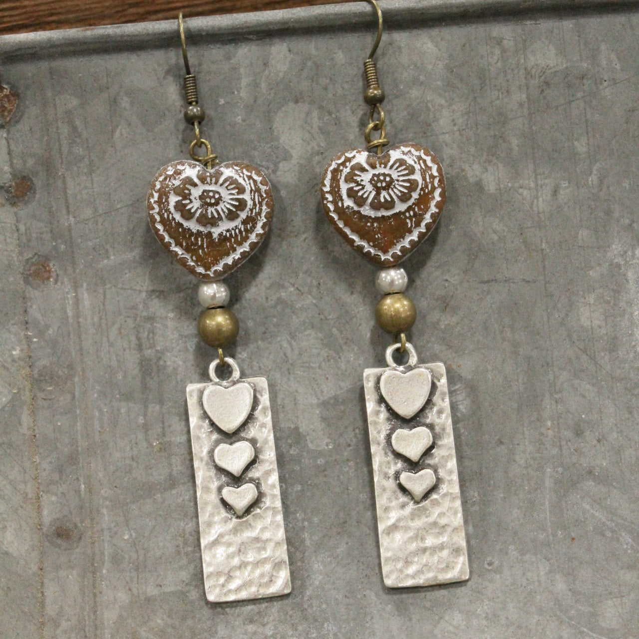 Nickel Metals & Vintage Chocolate Czech Heart Earrings