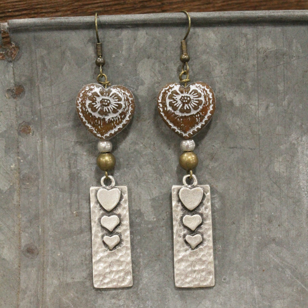 Nickel Metals & Vintage Chocolate Czech Heart Earrings