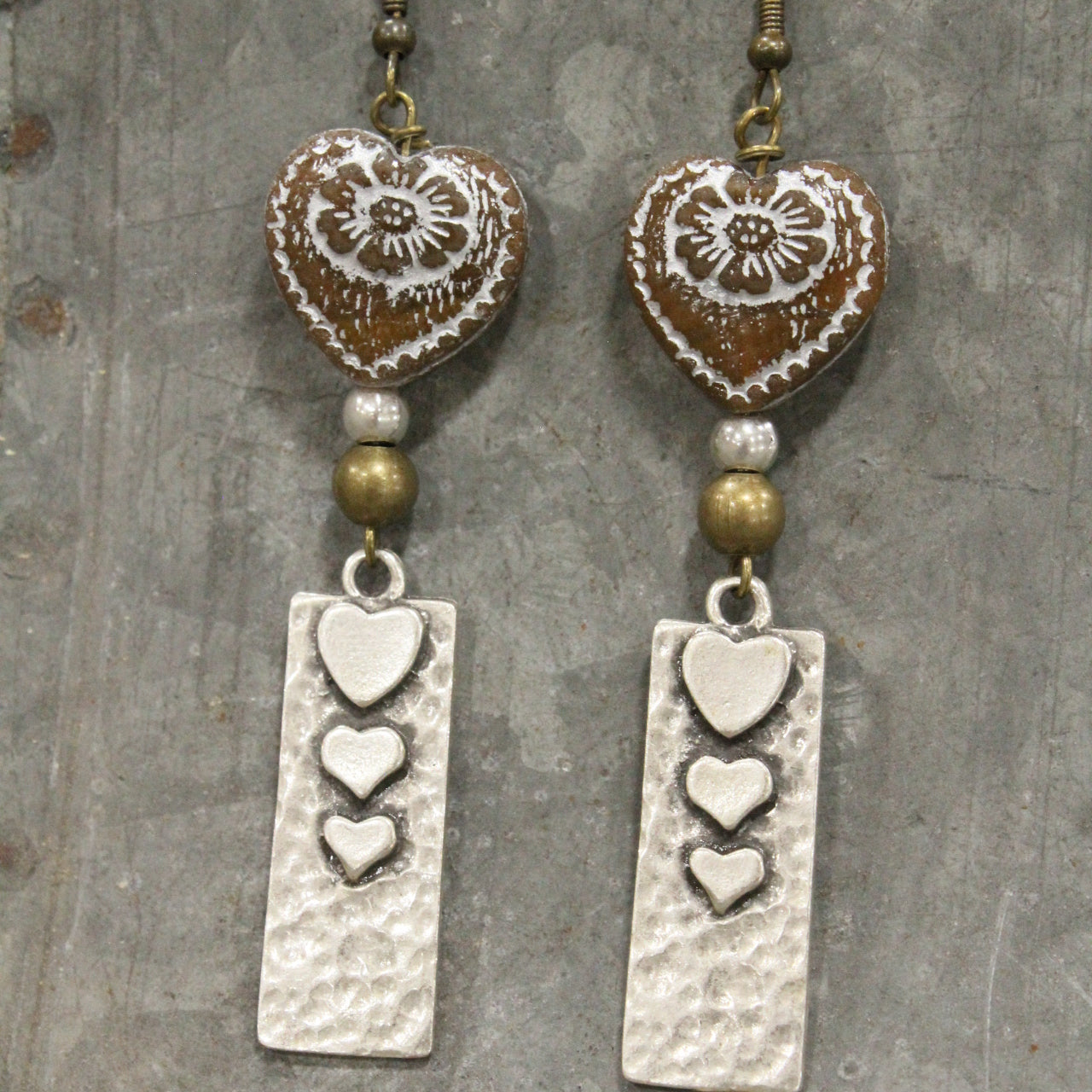 Nickel Metals & Vintage Chocolate Czech Heart Earrings