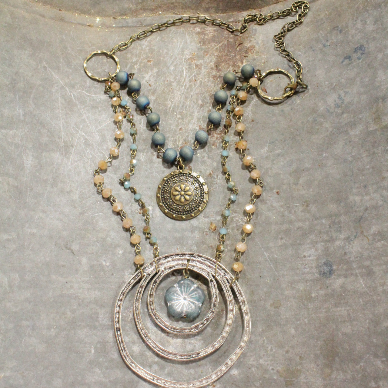 Denim Blue Czech Flower & Mixed Metals Layered Necklace