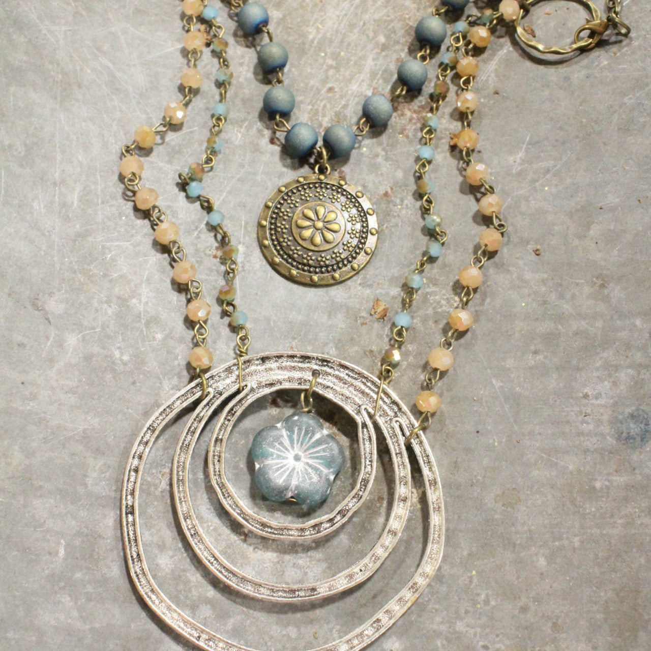 Denim Blue Czech Flower & Mixed Metals Layered Necklace