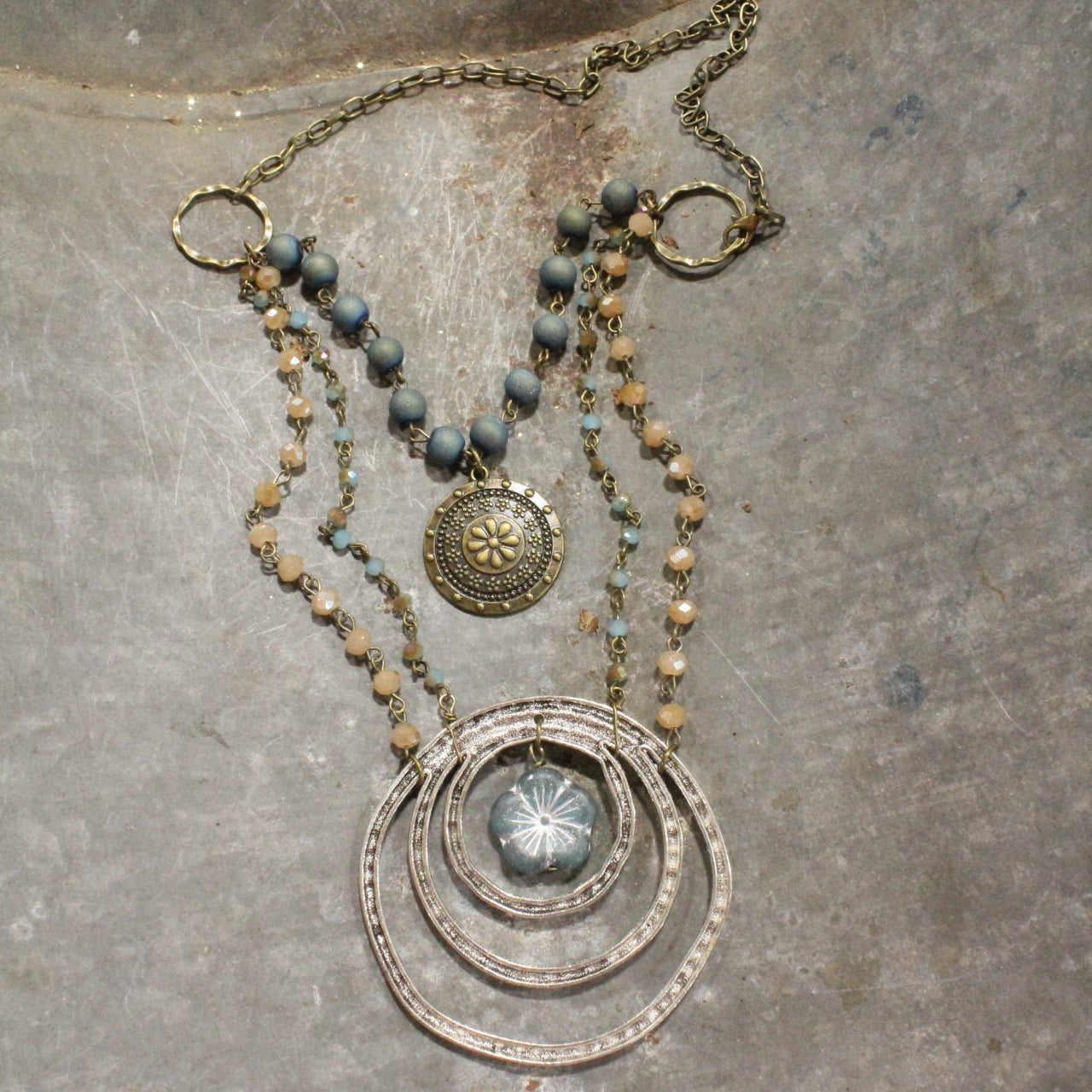 Denim Blue Czech Flower & Mixed Metals Layered Necklace