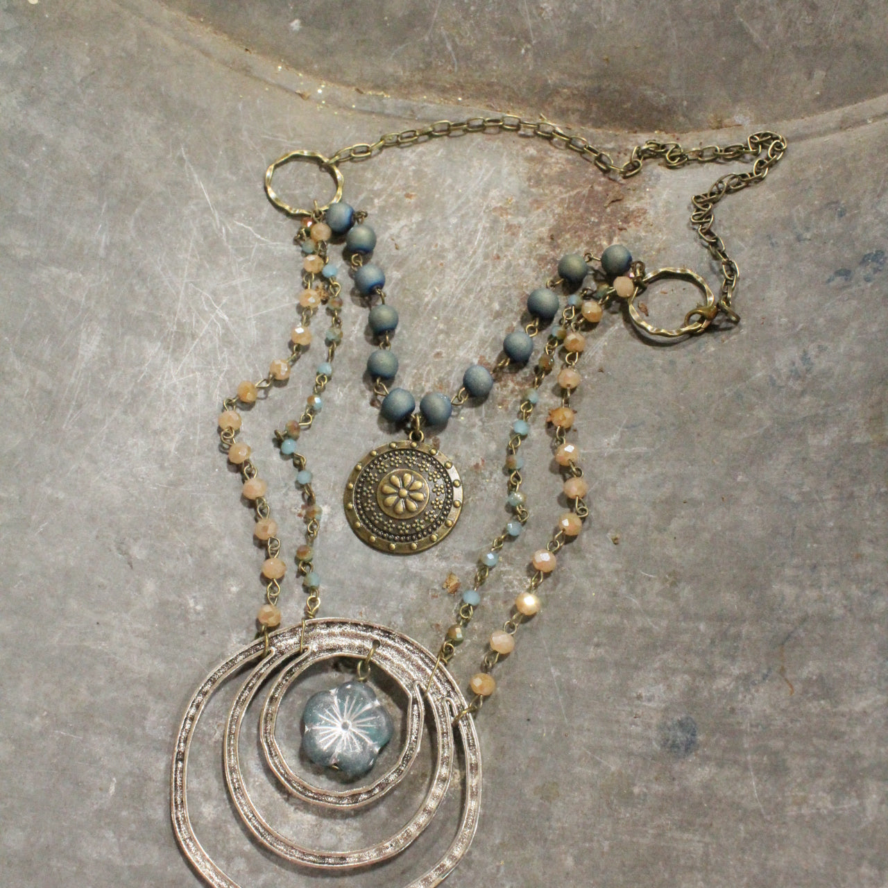 Denim Blue Czech Flower & Mixed Metals Layered Necklace