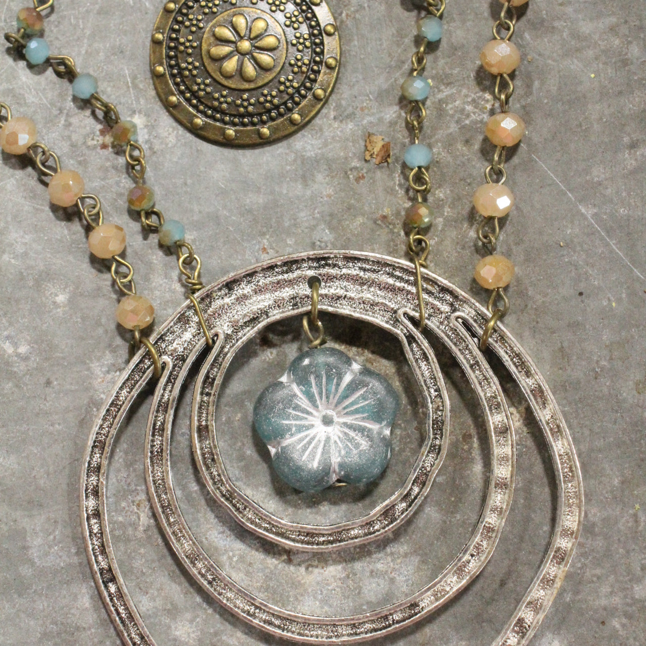 Denim Blue Czech Flower & Mixed Metals Layered Necklace