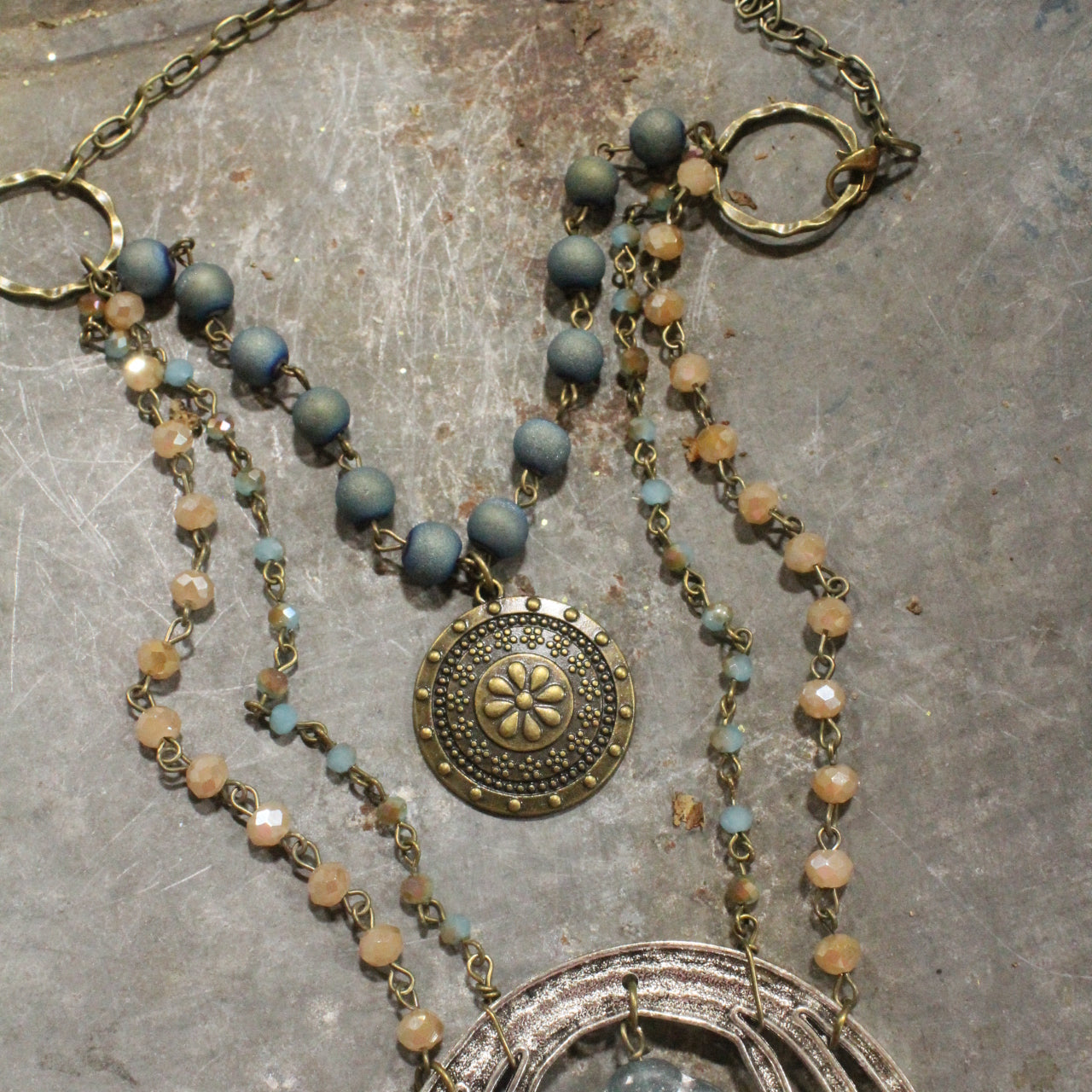 Denim Blue Czech Flower & Mixed Metals Layered Necklace