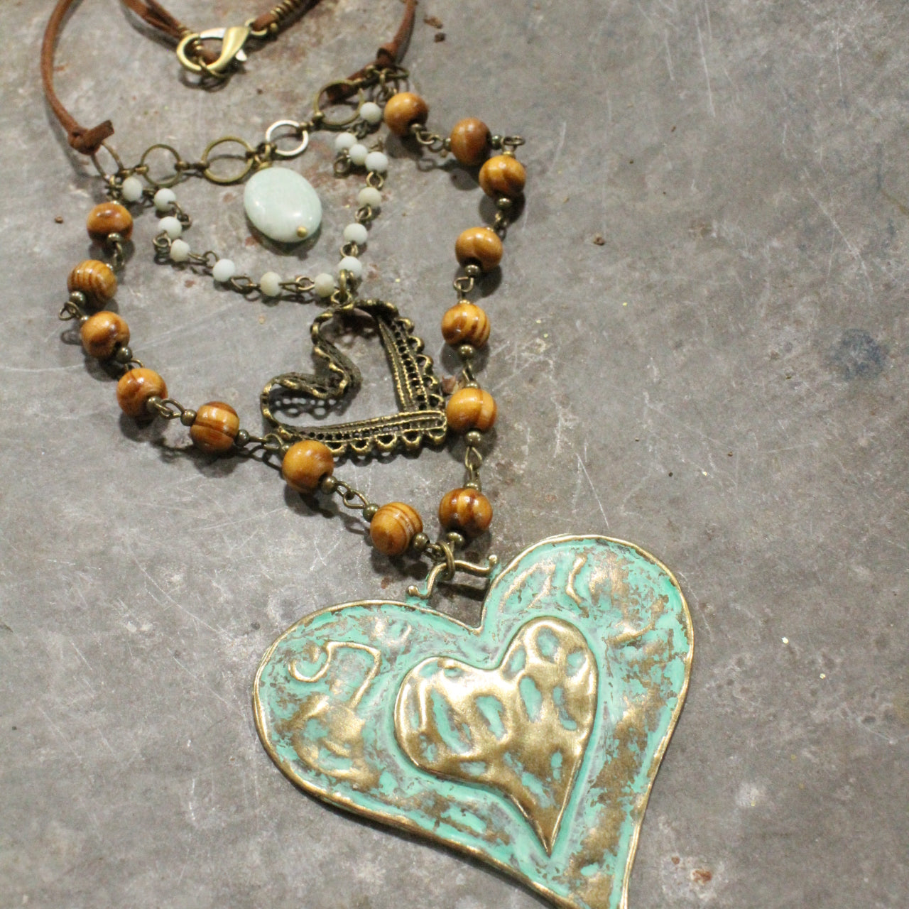 Verdigris Leather Heart Layered Necklace