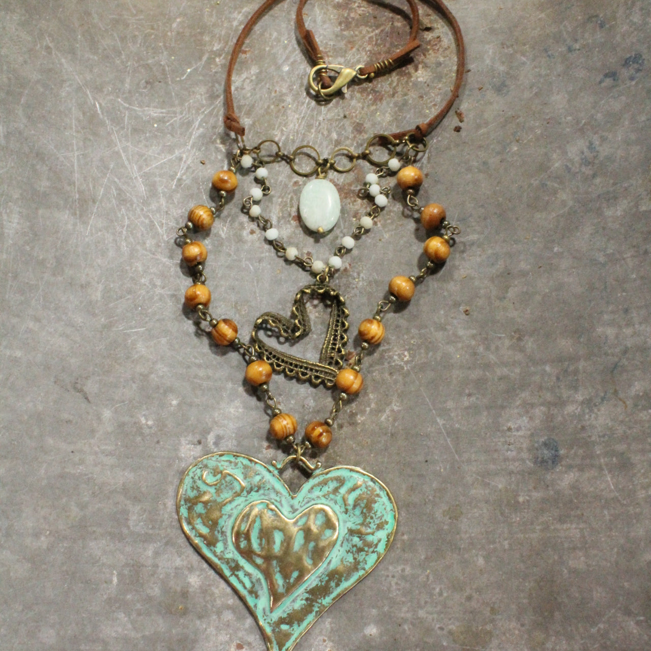 Verdigris Leather Heart Layered Necklace