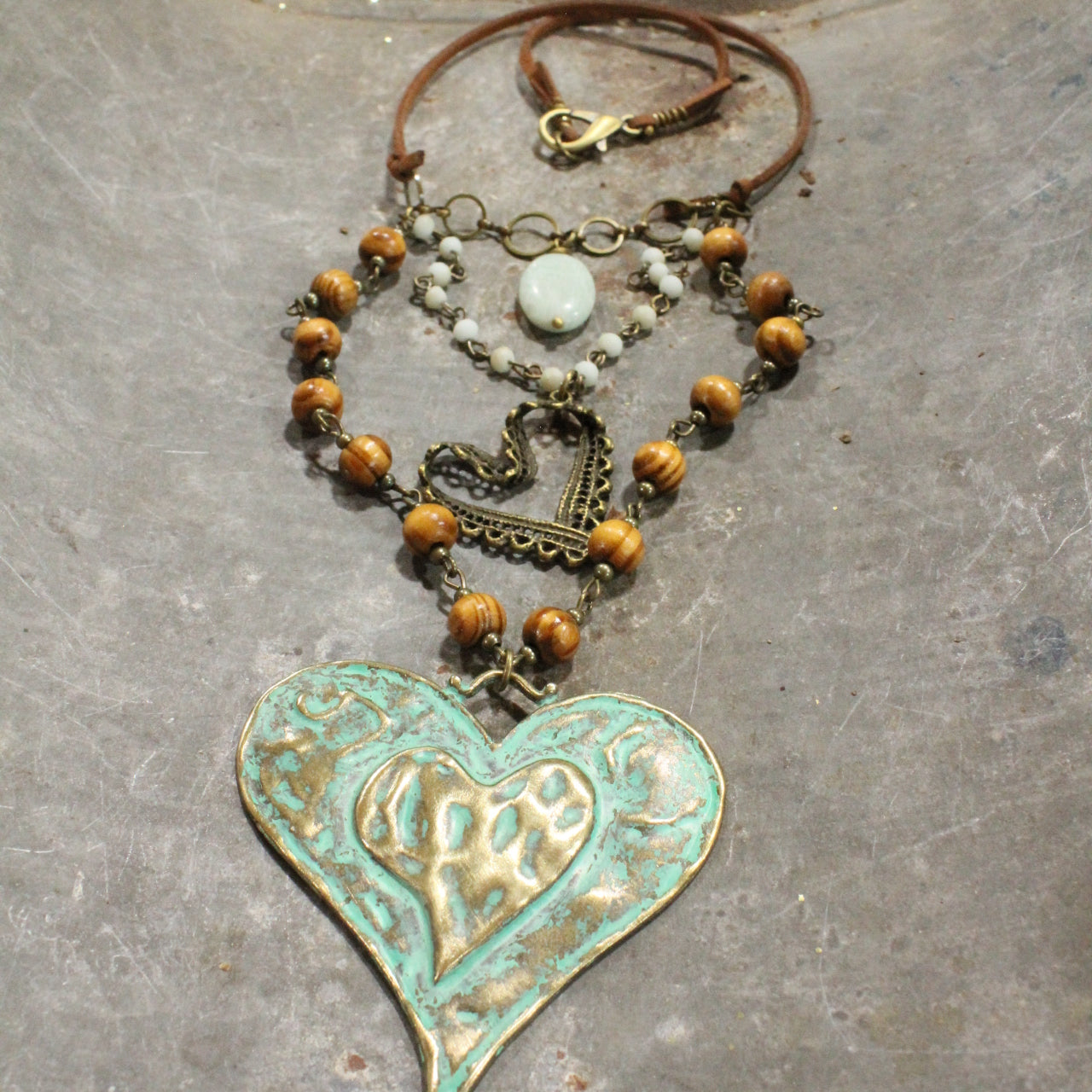 Verdigris Leather Heart Layered Necklace