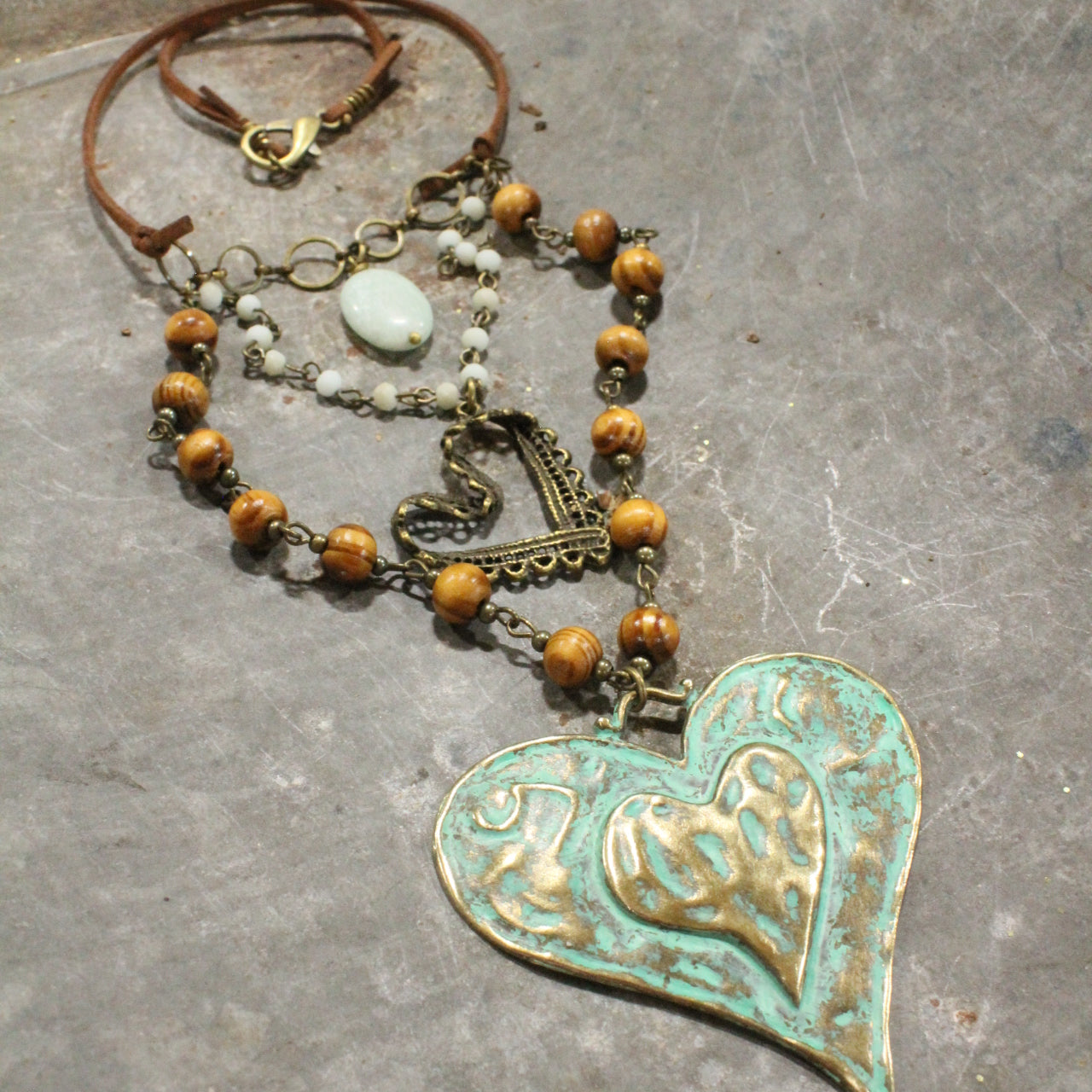 Verdigris Leather Heart Layered Necklace