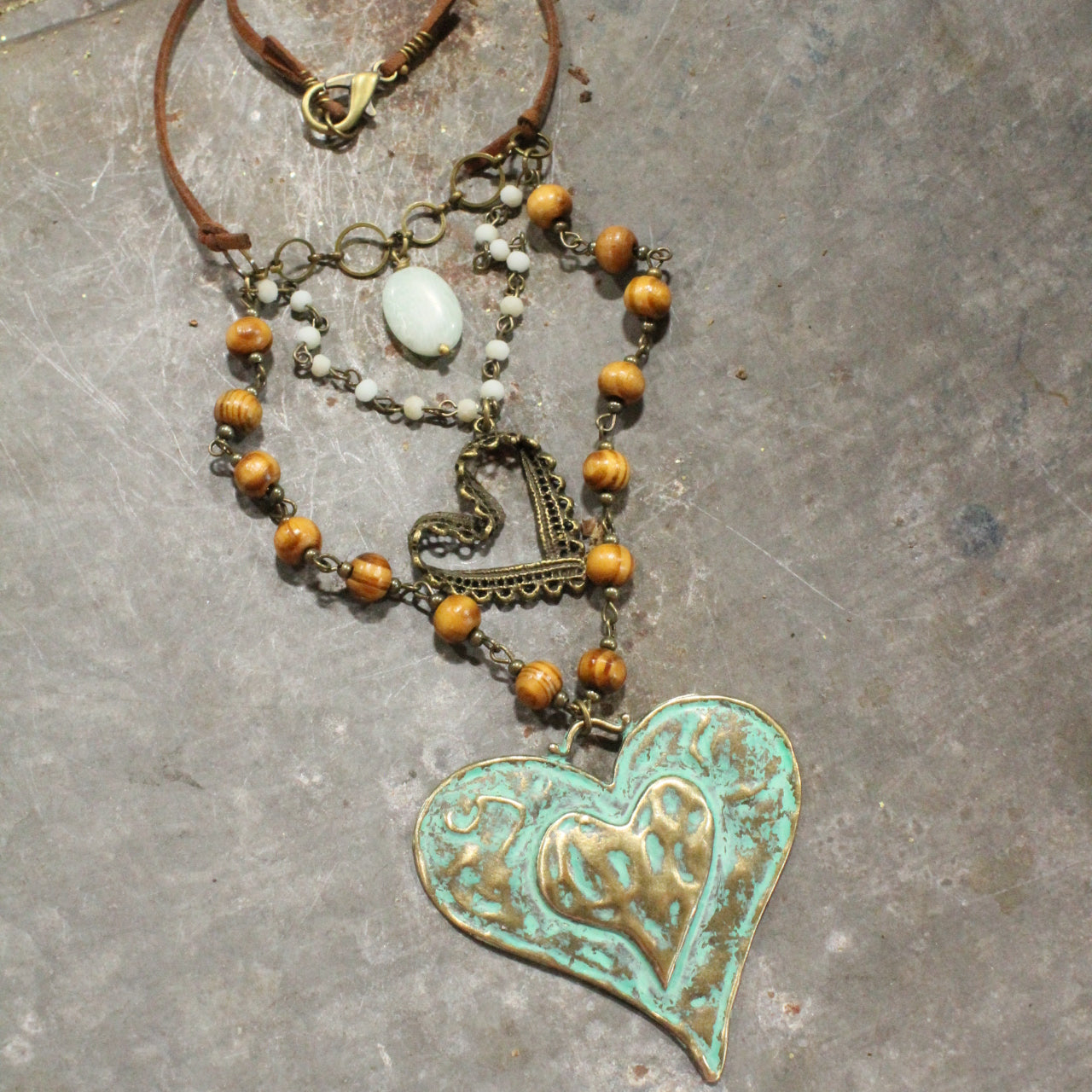 Verdigris Leather Heart Layered Necklace