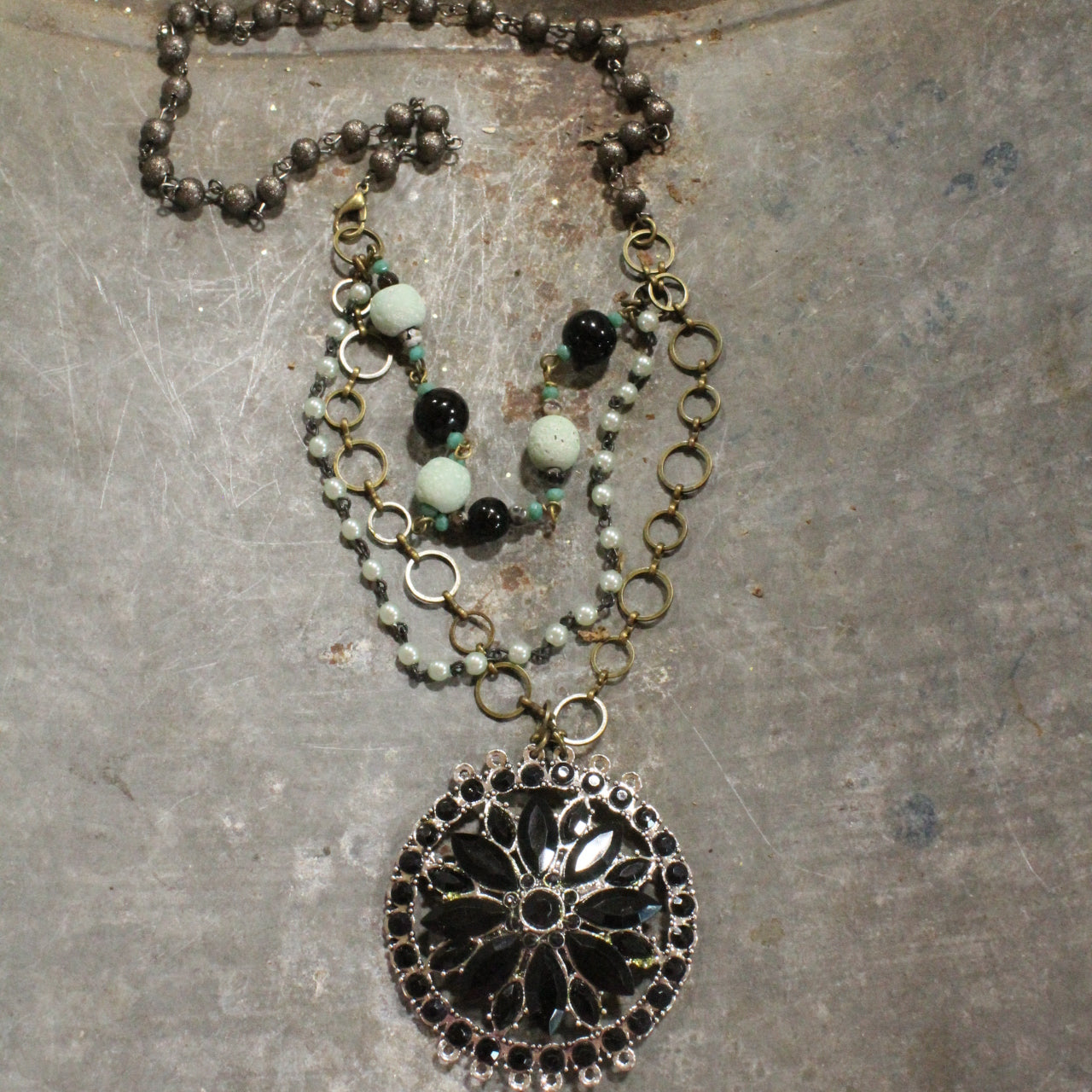 Classy Black & Mint Glass With Mixed Metals Layered Necklace