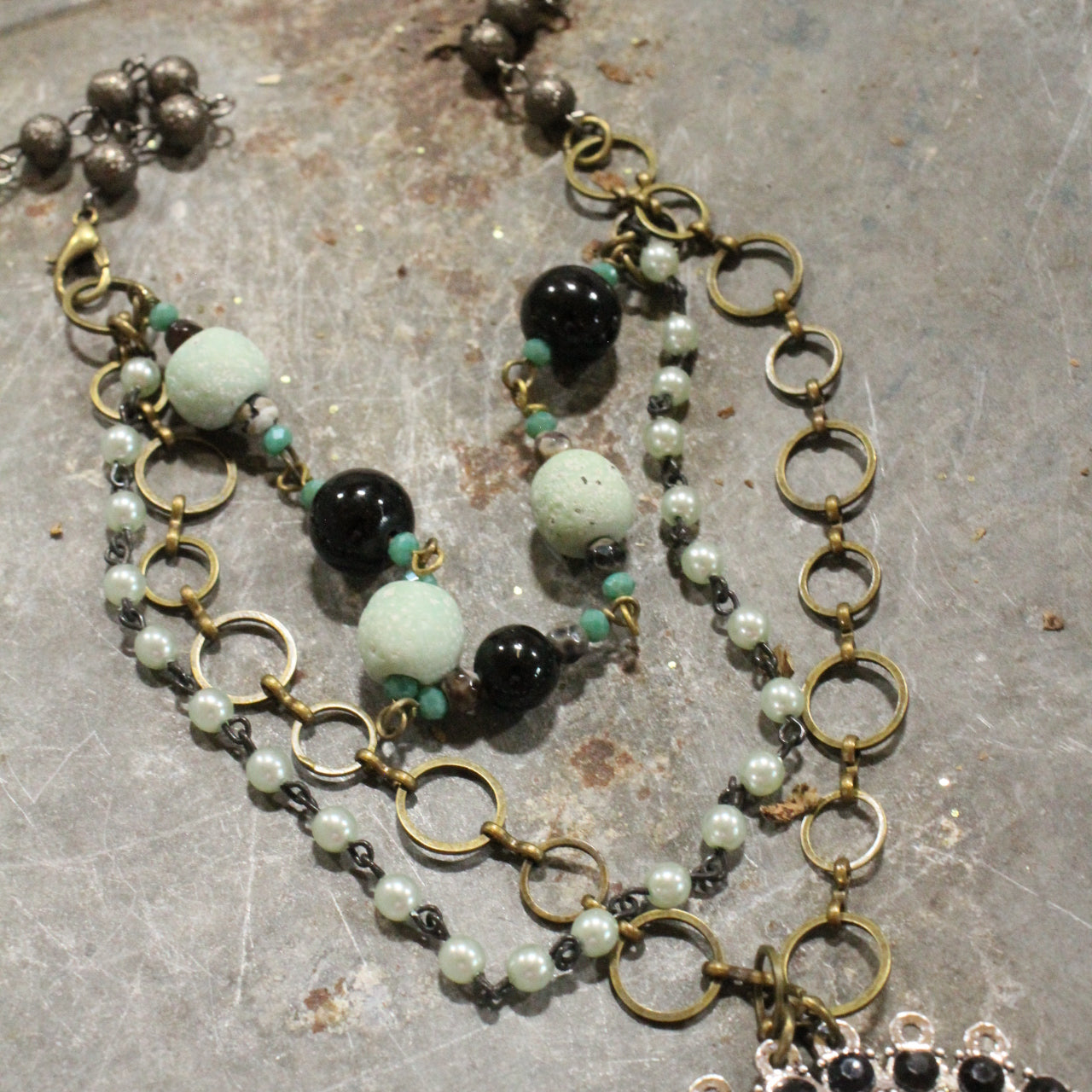 Classy Black & Mint Glass With Mixed Metals Layered Necklace