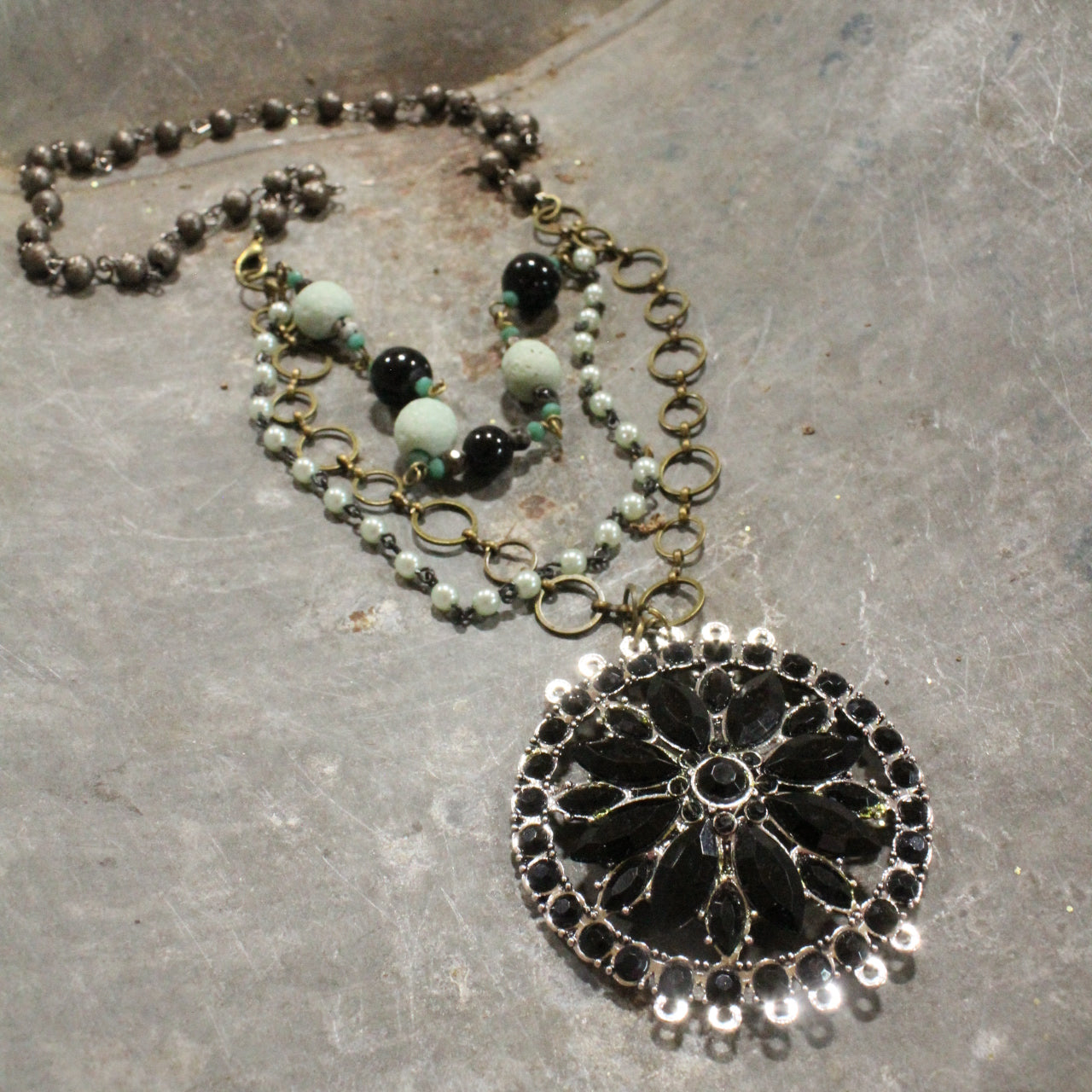 Classy Black & Mint Glass With Mixed Metals Layered Necklace