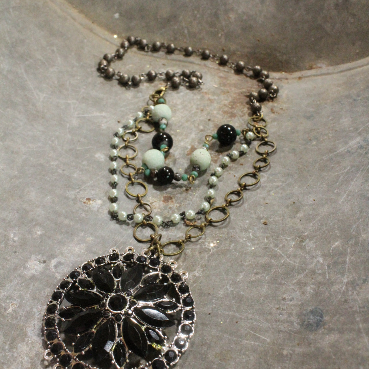 Classy Black & Mint Glass With Mixed Metals Layered Necklace