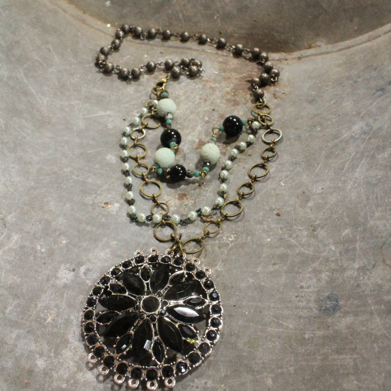 Classy Black & Mint Glass With Mixed Metals Layered Necklace