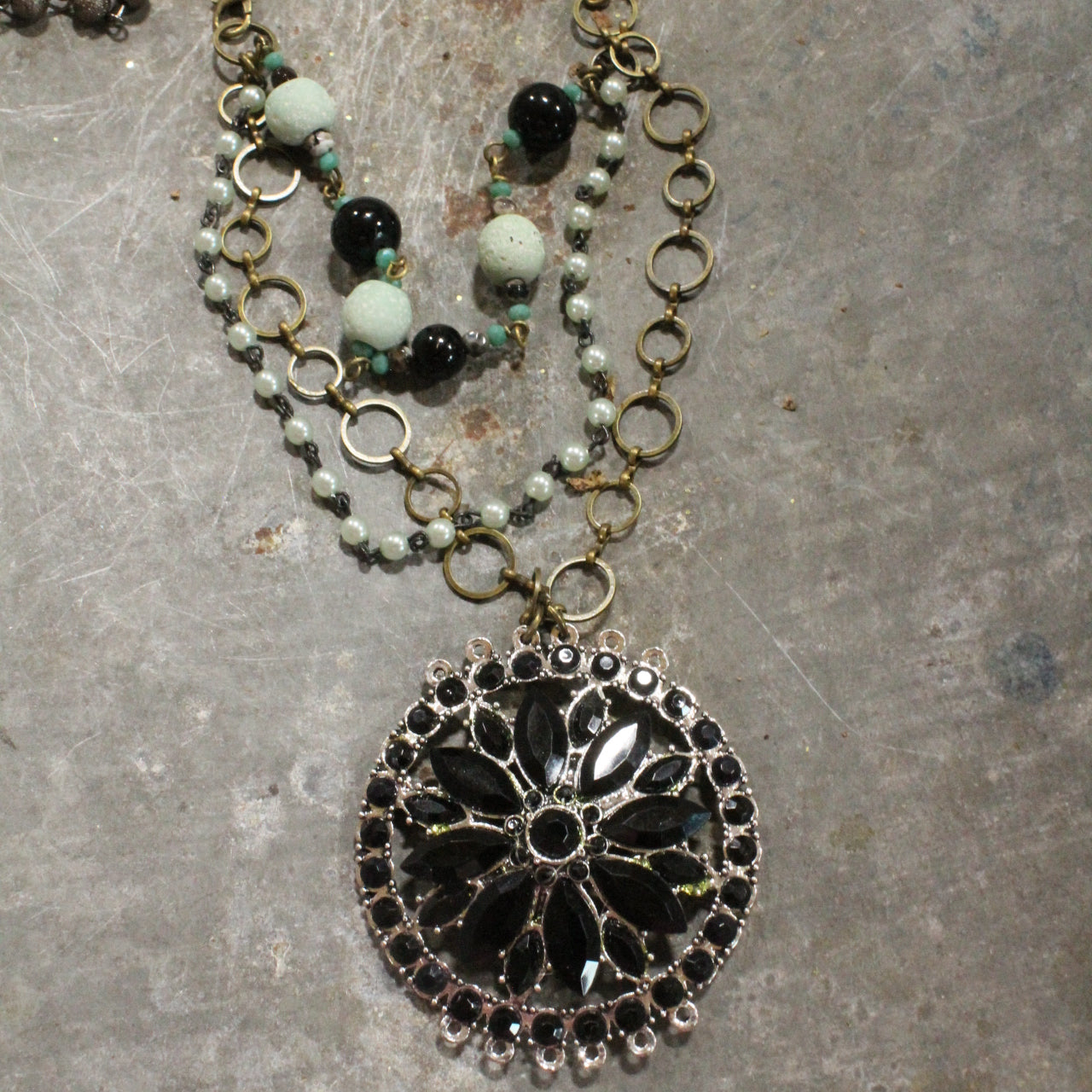 Classy Black & Mint Glass With Mixed Metals Layered Necklace