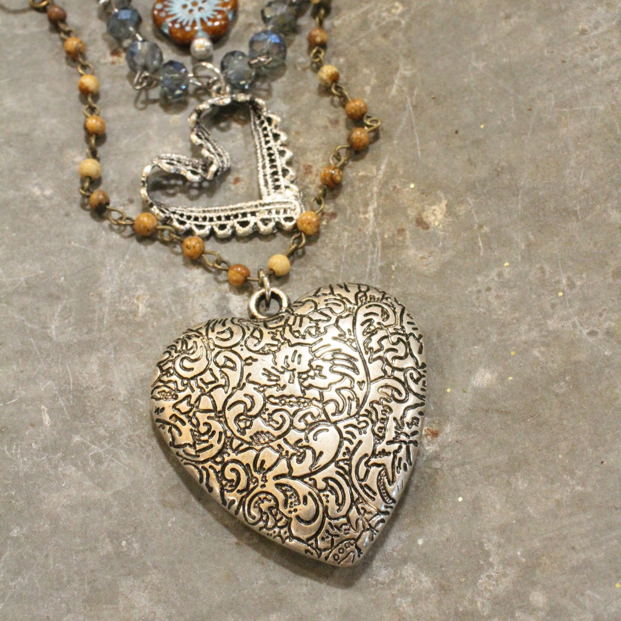 Czech Flower & Leather Silver Heart Layered Necklace