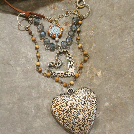 Czech Flower & Leather Silver Heart Layered Necklace