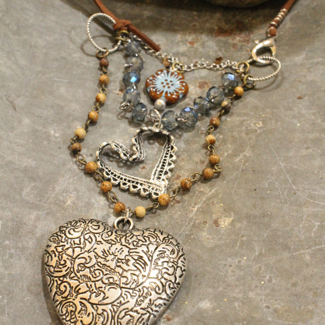 Czech Flower & Leather Silver Heart Layered Necklace