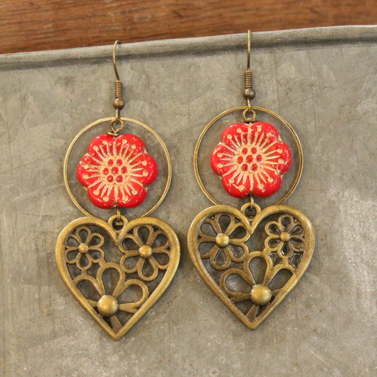 Blooming Flowers & Dropping Hearts Red Czech Earrings