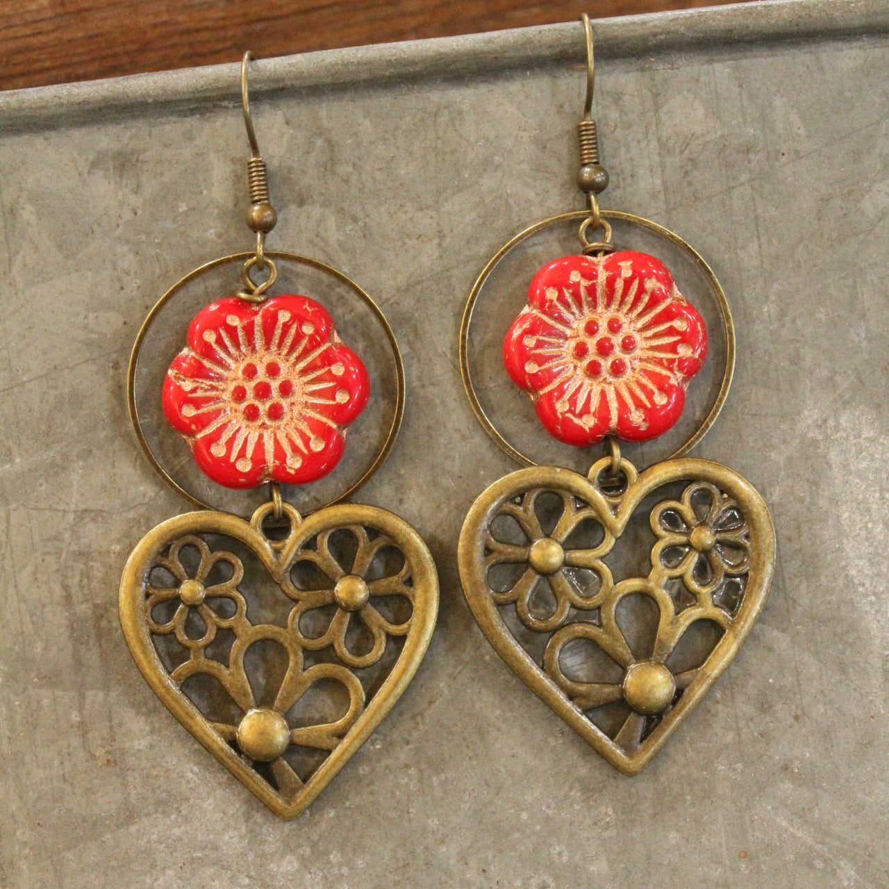 Blooming Flowers & Dropping Hearts Red Czech Earrings