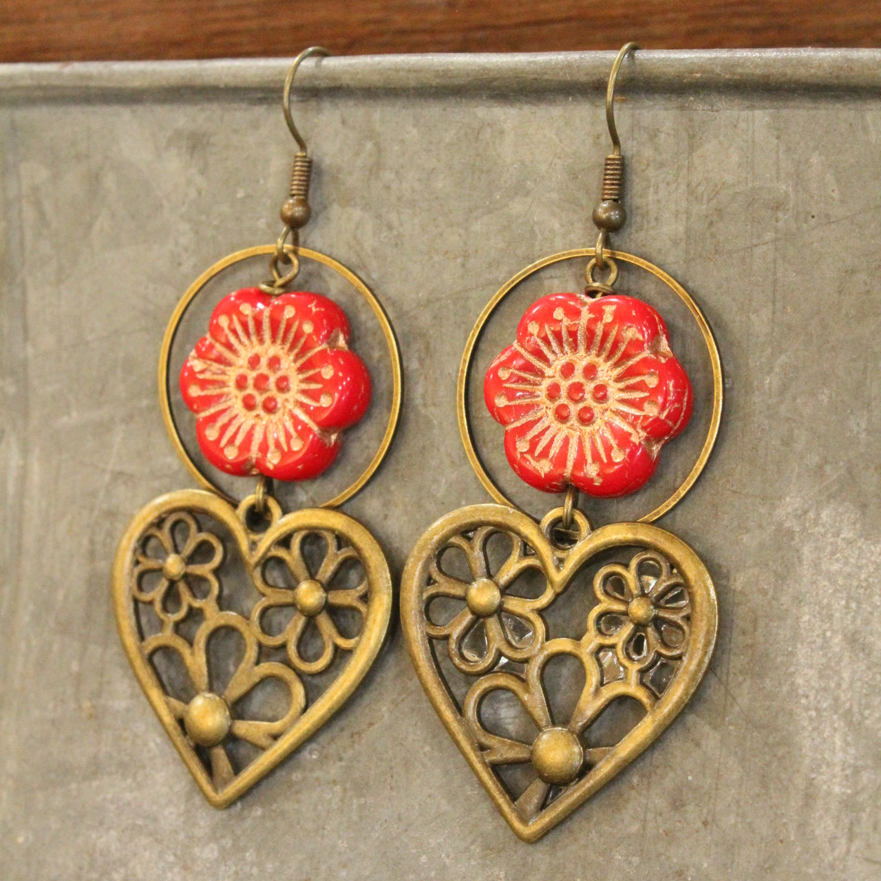 Blooming Flowers & Dropping Hearts Red Czech Earrings